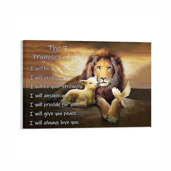 AIOE Lion of Judah Wall Art Lion and Lamb Dove of Peace Christian Gifts Religious Wall Decor the 7 Promises of God Motivational Pictures Artwork for Bedroom Living Room Decor Frame: 12x8in