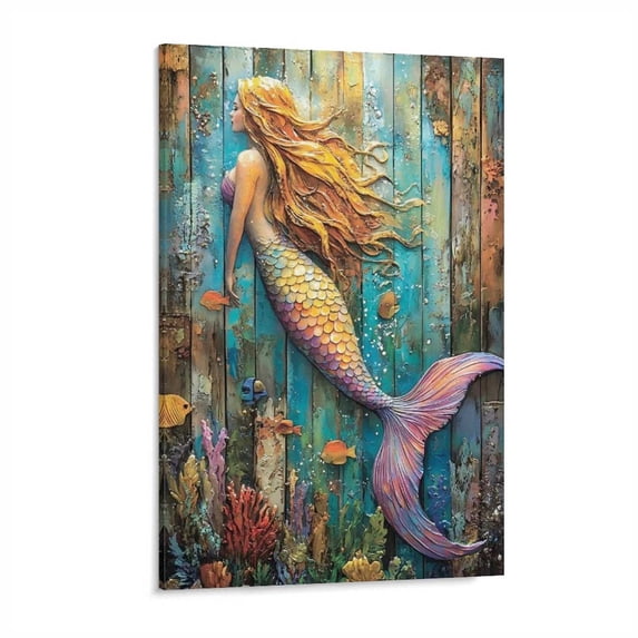 AIOE Mermaid Ocean Wall Art Canvas Print,Suitable for Living Room Bedroom Bathroom Office and Dining Room Decoration Frame: 8x12in
