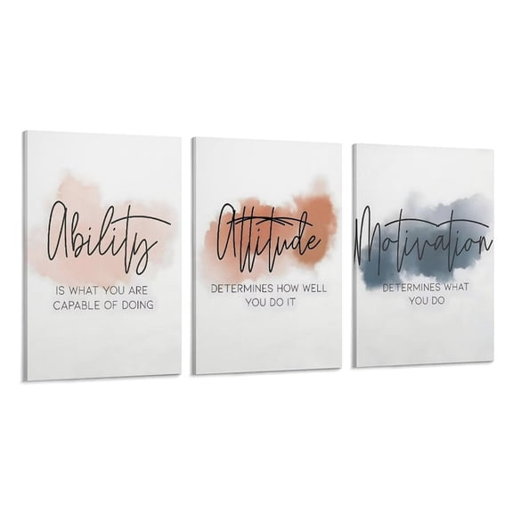 AIOE Motivational 3-Piece Canvas Wall Art Set, "Ability, Motivation, Attitude" Quote Prints, Watercolor Inspirational Decor for Home/Office, Ready-to-Hang 12x16 Inch Each