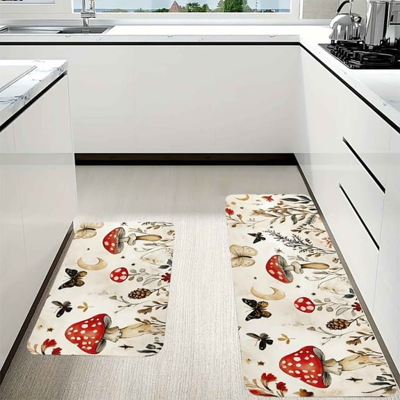 AIOE Mushroom Kitchen Rugs and Mats Set Of 2 - Mushroom Kitchen Mat Washable Mushroom Kitchen Decor - Non-Slip Floor Mats for Home Kitchen Decor 17"x47"+17"x29.5"