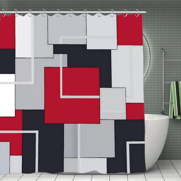 AIOE Red Black Grey Geometric Shower Curtain, Modern Abstract Color Block Bathroom Curtain, Waterproof Fabric with Hooks, 72x84 Inch