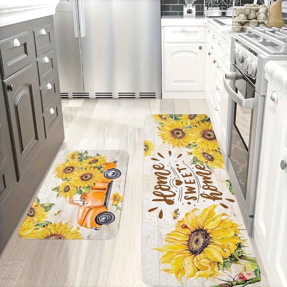 AIOE Sunflower Anti Fatigue Kitchen Mats for Floor Set of 2 Non Slip Waterproof Yellow Vintage Floral Kitchen Mat Cushioned Comfort Standing Kitchen Rugs and Mats 17"x47"+17"x29.5"
