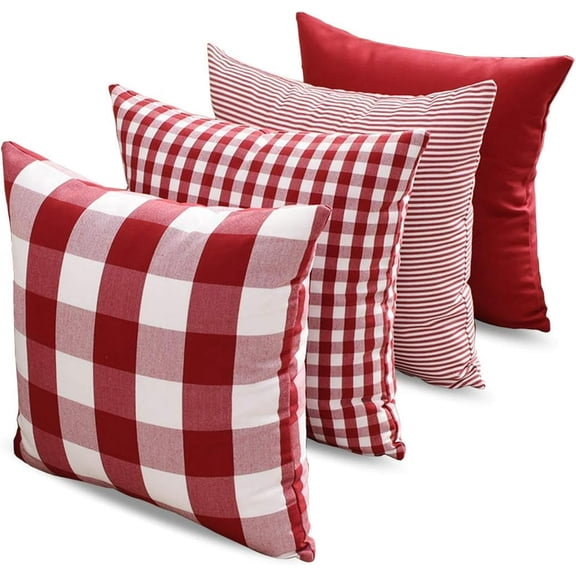AIOE Throw Pillow Covers Geometric Stripe Tartan Checkered Buffalo Check Plaid Pillowcases Cushion Covers Decorative Throw Pillow Covers Waist Pillow Covers Cotton Linen, Set of 4 Red 16x16 Inch