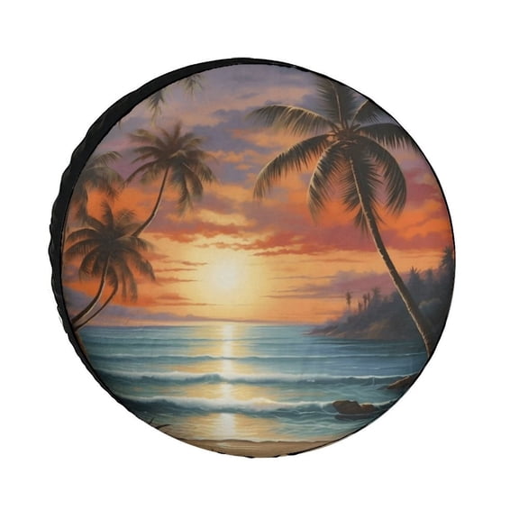 AIOE Tropical Sunset Beach Spare Tire Cover, Waterproof UV Resistant Palm Tree Ocean Protector for Jeep Wrangler, SUV, RV, Trailer, 15 Inch