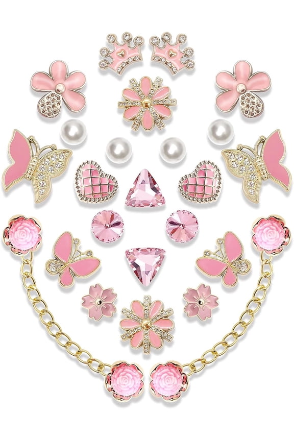 24pcs Bling Decoration Charms with Pearls, Resin Butterflies, Flowers, Rhinestones & Chains DIY Accessories for Girls & Women