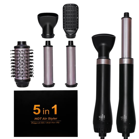AIOMUO All-in-One Professional Air Flow Styler Wand with Deluxe PU Storage Bag, 5-Head Versatile Blow Dryer Brush Set for Drying, Curling, and Straightening, Portable Hair Care System for Women