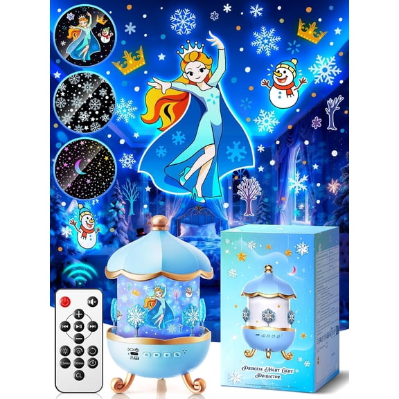 AIOMUO Night Light Snow for Kids, 15 White Noise+16 Films+336 Colors Star Projector for Kids, 360°+Remote+Cordless Baby Night Light Projector, Princess Toys for Girls Room Decor Light
