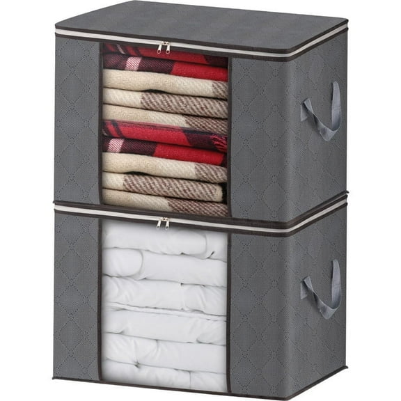 AIOR 2 Pack Clothes Storage Bags, Foldable Fabric Blanket Storage Bag, Storage Containers for Organizing, Clothing, Comforter, Sweater, Bedding, Bedroom, Pillows and Organization and Storage (Gray)