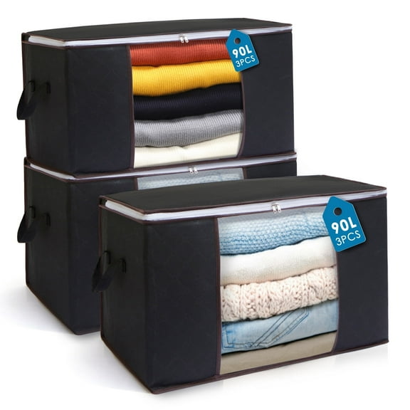 AIOR 3 Pack Clothes Storage Bags, Foldable Fabric Blanket Storage Bag, Storage Containers for Organizing, Clothing, Comforter, Sweater, Bedding, Bedroom, Pillows and Organization and Storage (Black)