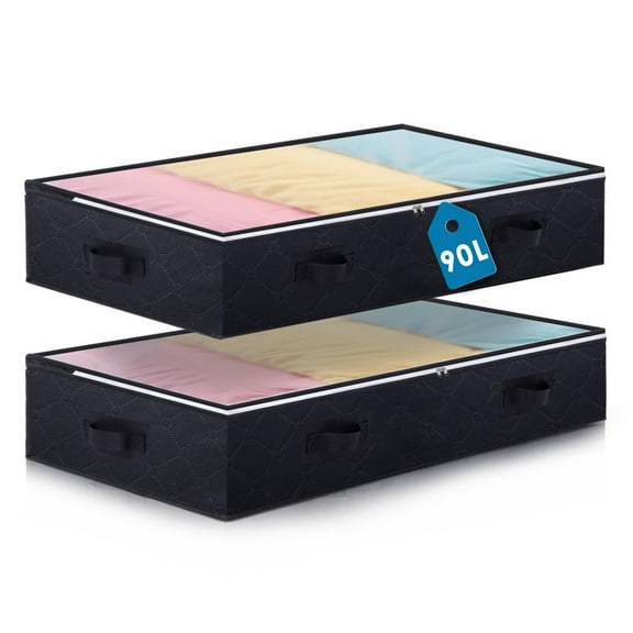 AIOR Under Bed Storage Storage Containers, 2 Packs Underbed Storage Clothes Organizers for Blanket, Clothing, Bedroom, Bedding, Comforter, Sweater, Towels, Pillows and Toys (Black)