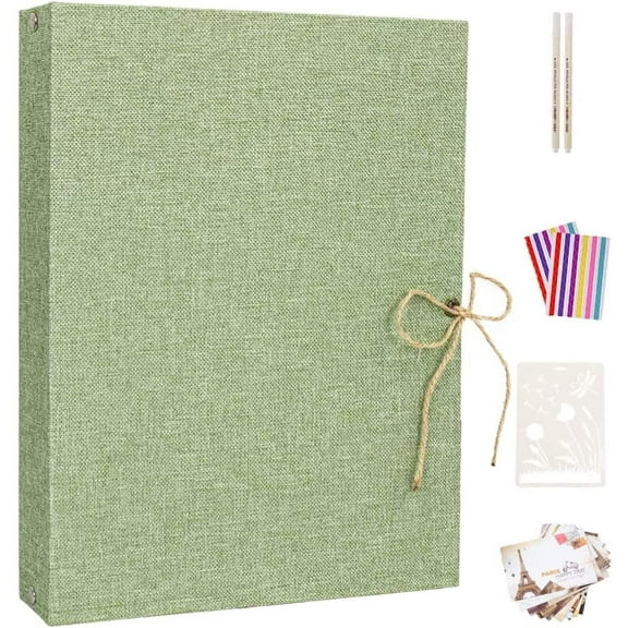AIOR Photo Album Scrapbook 60 Pages Self Adhesive, Linen Cover Magnetic Scrapbook Album, DIY Photo Album Book with 6 Metallic Pen for Kids Family Wedding Birthday Gift (Green)