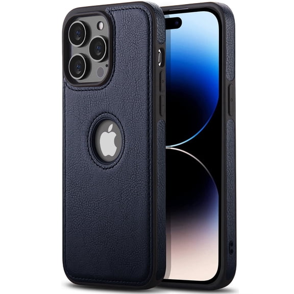 AIOVETEAB Compatible with iPhone 14 Pro Case Premium Leather TPU Hybrid Case Cover,Navy Blue