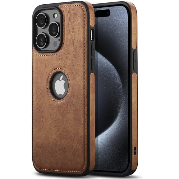 AIOVETEAB Premium Leather TPU Hybrid Back Cover Case for iPhone 15 Pro, Brown