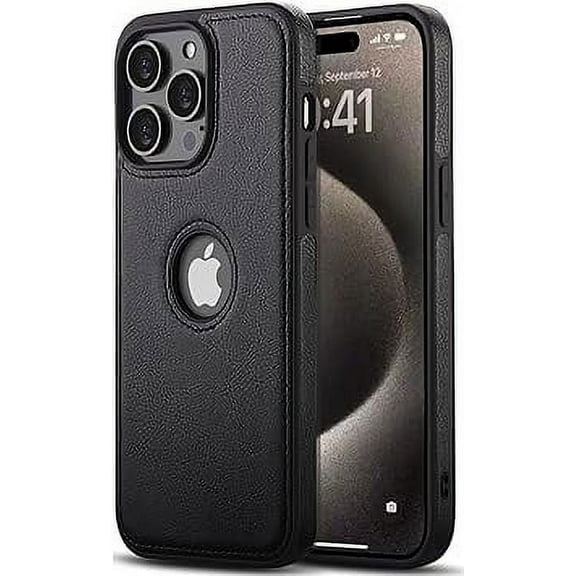 AIOVETEAB Compatible with iPhone 15 Pro Max Case Premium Leather TPU Hybrid Case Cover,Black