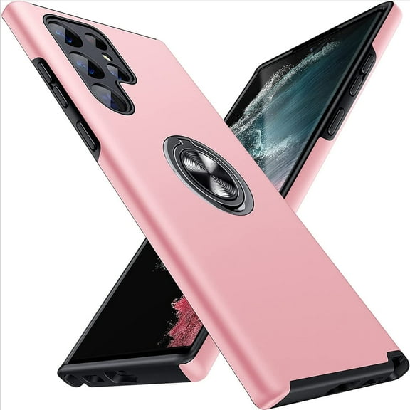 AIOVETEAB for Samsung Galaxy S22 Ultra Case,Silky Soft Touch Heavy Duty Protective Cover with Ring Holder Kickstand Magnetic Phone Case for S22 Ultra 5G 6.8'' 2022 (Pink)