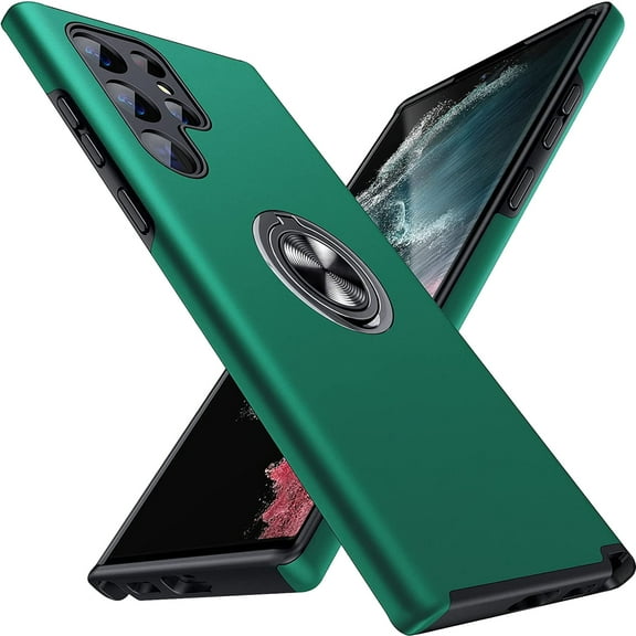 AIOVETEAB for Samsung Galaxy S22 Ultra Case,Silky Soft Touch Heavy Duty Protective Cover with Ring Holder Kickstand Magnetic Phone Case for S22 Ultra 5G 6.8'' 2022 (Green)
