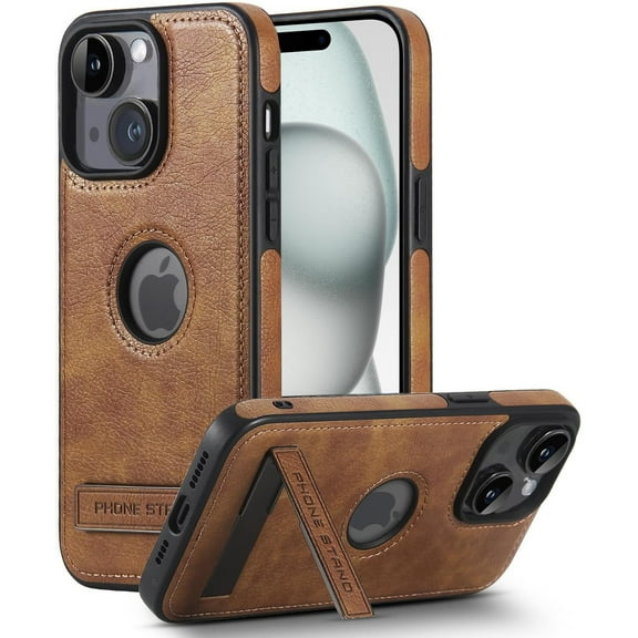 AIOVETEAB for iPhone 15 Case with Stand, Metal Kickstand, Premium Leather TPU Hybrid Case Cover for iPhone 15,Brown