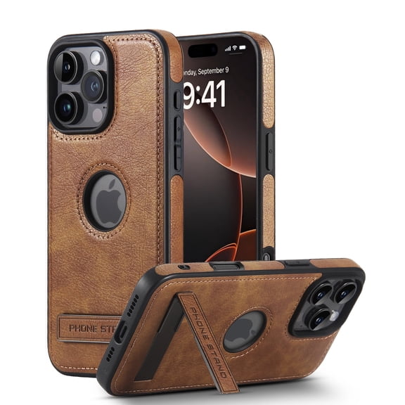 AIOVETEAB for iPhone 16 Pro Case with Stand, Metal Kickstand, Premium Leather TPU Hybrid Case Cover for iPhone 16 Pro,Brown