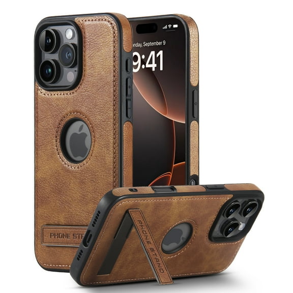 AIOVETEAB for iPhone 16 Pro Max Case with Stand, Metal Kickstand, Premium Leather TPU Hybrid Case Cover for iPhone 16 Pro Max,Brown