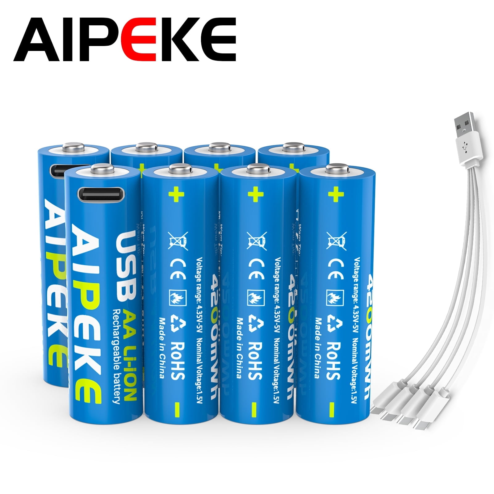 AIPEKE 8-Pack USB Rechargeable 1.5v AA Lithium Batteries High Capacity High Performance, for AA Rechargeable Li-Ion Battery