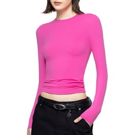 RYRJJ Women's Deep V Neck Long Sleeve Crop Tops O-Ring Front Tee Shirt Y2K  Casual Slim Fit Going Out Tight Cropped T-Shirts(Pink,S)