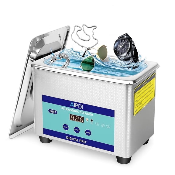 AIPOI Digital 0.8L  Ultrasonic Cleaner with Timer [Includes Cleaning Lid, Basket], Stainless Steel, 1.1 kg, Silver, 1-Count