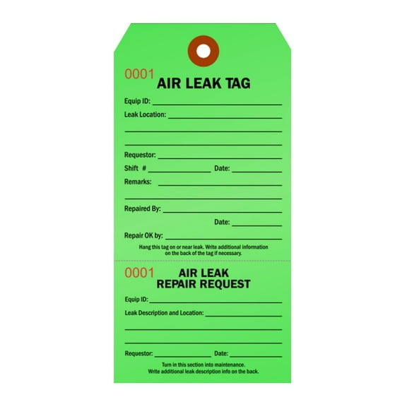 AIR LEAK Tag - Repair Request, 2-Part Numbered, 2-7/8" x 5-3/4", Fluorescent Green, Perfed, Fiber Reinforced Hole - Pack of 50