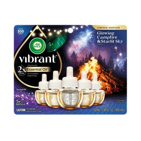 Air Wick Vibrant Plug-In Scented Oil Air Freshener Warmer Refills, Glowing Campfire and Starlit Sky, 5 Count