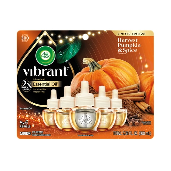 Air Wick Vibrant Plug-In Scented Oil Air Freshener Warmer Refills, Harvest Pumpkin and Spice, 5 Count