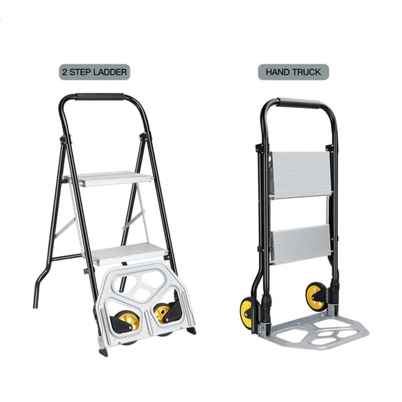 AIRAJ 2-in-1 Folding 2-Step Ladder and Hand Truck, Convertible Step Stool to Dolly, 550 lbs Ladder Capacity & 220 lbs Dolly Load, Heavy Duty Steel Utility Cart with 5.1" Wheels