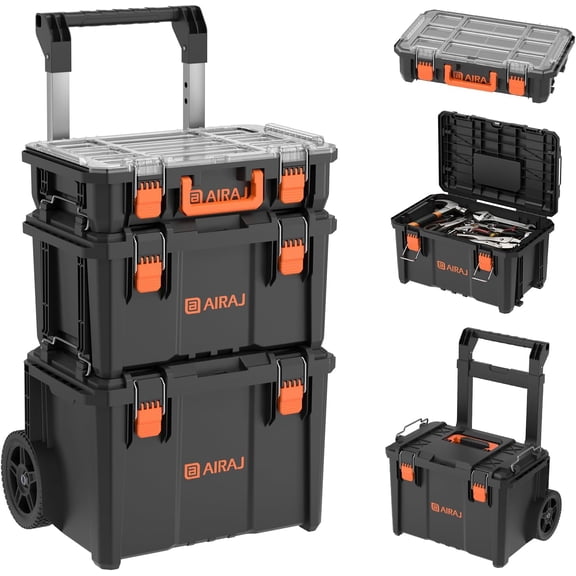 AIRAJ 3 Tier Stackable Rolling Tool Box with Wheels Heavy Duty Waterproof Modular Tool Organizer with Telescopic Handle