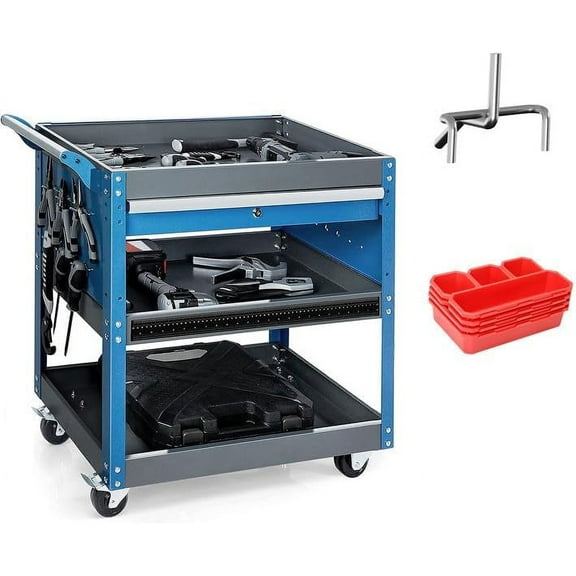 AIRAJ 3-Tier Wheeled Tool Cart, 440 lb Capacity, with Drawers, Side PegboardsBlue