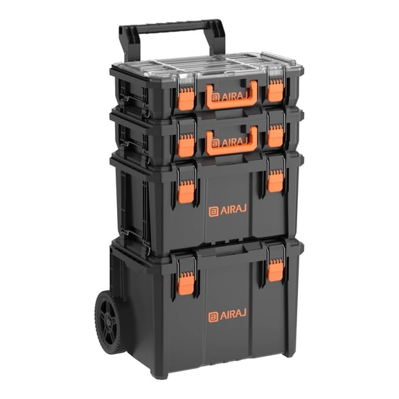 AIRAJ 4 Tier Stackable Rolling Tool Box with Wheels Heavy Duty Waterproof Modular Tool Organizer with Telescopic Handle