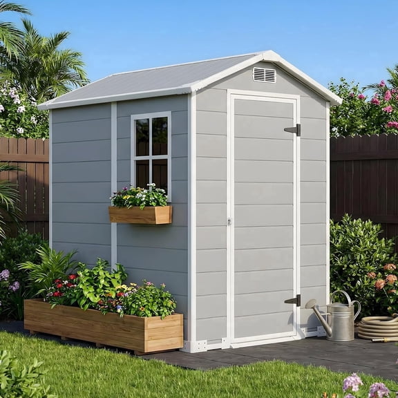 AIRAJ 4x6 FT Outdoor Resin Storage Shed with Floor, Window, Vent, Rainwater Drainage & Lockable Door - All-Weather Garden House