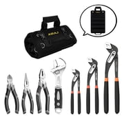 AIRAJ 8-Piece Pliers and Adjustable Wrench Set, Heavy-Duty CR-V Steel Hand Tool Kit with Water Pump Pliers, Diagonal, Long Nose, Linesman Pliers and Portable Roll-Up Bag