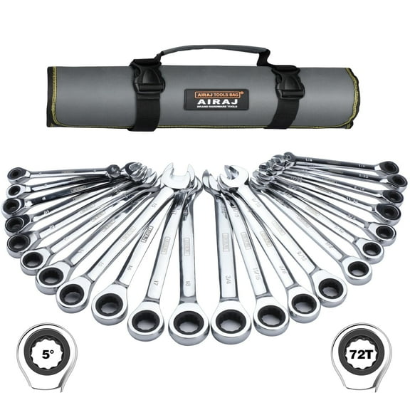 AIRAJ Ratcheting Wrench Set, 22-Piece Combination Wrench Set, SAE 1/4" to 3/4" & Metric 6-18mm, 72 Teeth