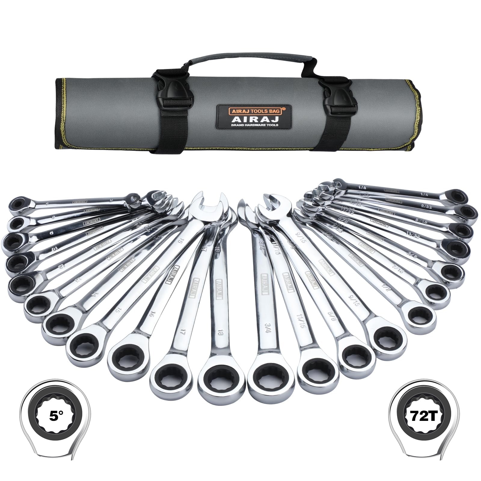 Juego de llaves de trinquete AIRAJ de 22 piezas con bolsa de lona, SAE 1/4 a 3/4 pulgadas, métrico 6-18mm, 72 dientes, herramientas para hombres