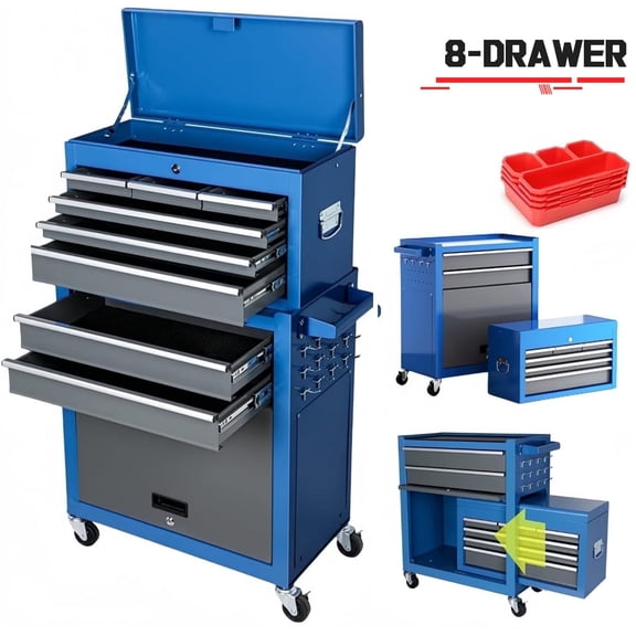 AIRAJ 42" 8-Drawer Rolling Tool Chest, Premium Blue Heavy Duty Tool Cabinet with Locking Wheels, 550lbs Capacity Modern Storage System, Removable Lid & 10 Hooks for Workshop & Studio