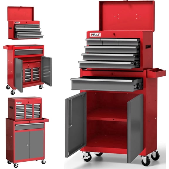 AIRAJ Tool Chest, Heavy-Duty 7-Drawer Rolling Tool Chest, Red Tool Cabinet on Wheels, 2 in 1 Tool Box for Workshop, Garage