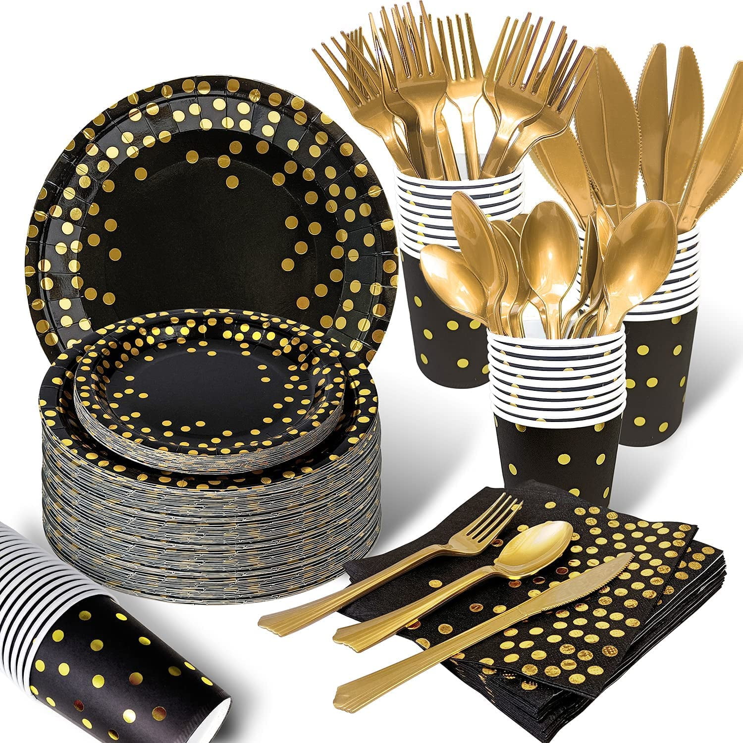 AIRE Elegant Disposable Dinnerware Party Supply Set, Serves 25, Black \u0026 Gold, 175 Pieces