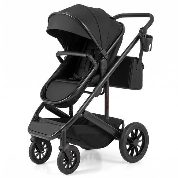 AIRFIND Baby Stroller with Reversible Seat, Bassinet Mode, Adjustable Handle and Canopy, Folding Aluminum Frame, Diaper Bag and Footmuff, Black