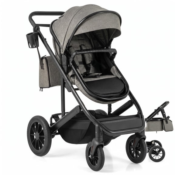 AIRFIND Baby Stroller with Reversible Seat, Bassinet Mode, Adjustable Handle and Canopy, Folding Aluminum Frame, Diaper Bag and Footmuff, Gray