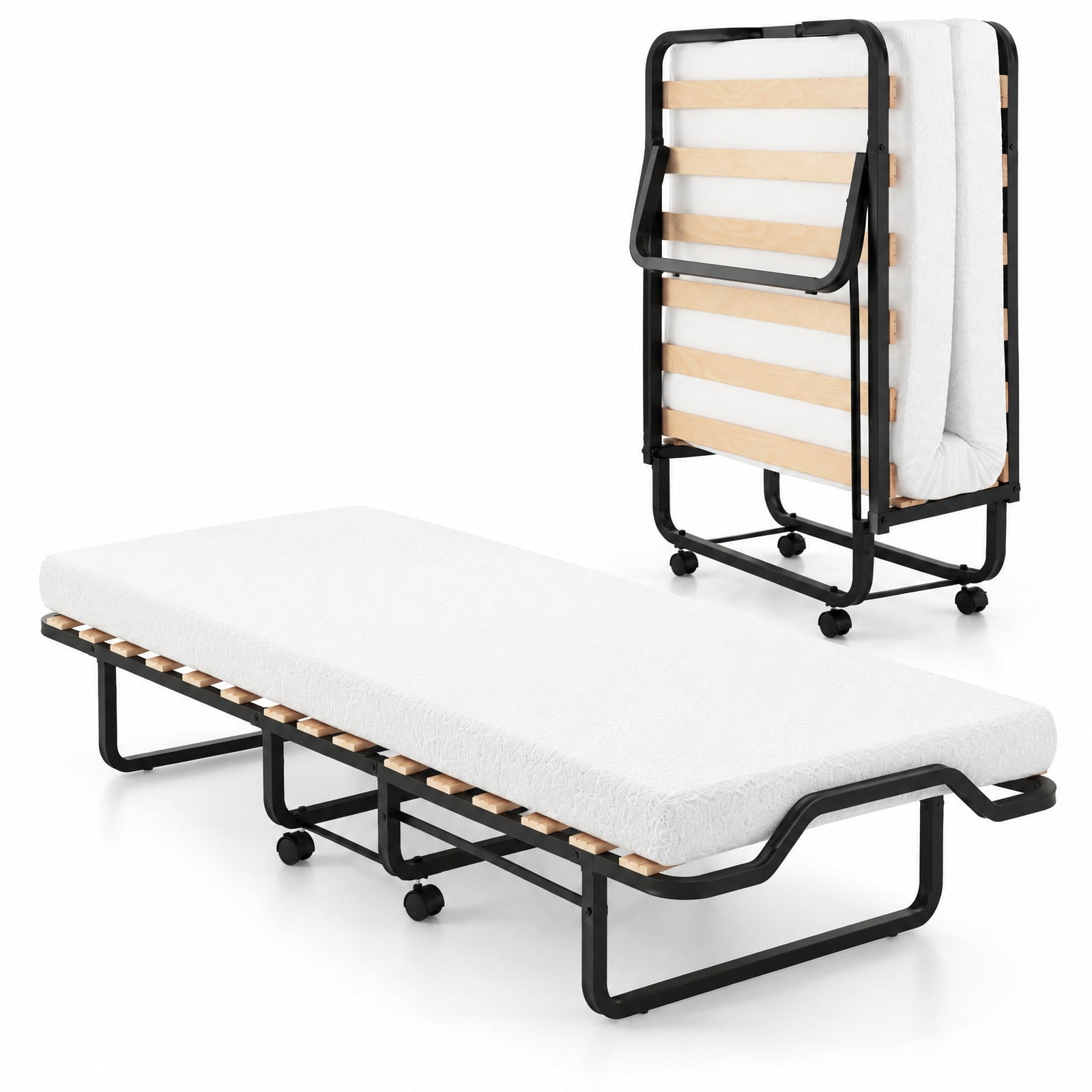 AIRFIND Folding Guest Bed with 4 Inch Foam Mattress, Steel Frame, Birch Wood Slats, Locking Wheels and Washable Cover, 31.5 Inch