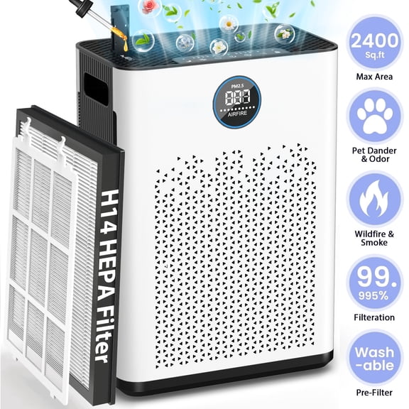 Air Purifiers for Allergies and Asthma up to 2400 Sq.ft, HEPA Air Purifiers with Washable Pre-Filter for Wildfire,Smoke, Pollen, Dust, Pet Fur & Odor, AP307, White+Black
