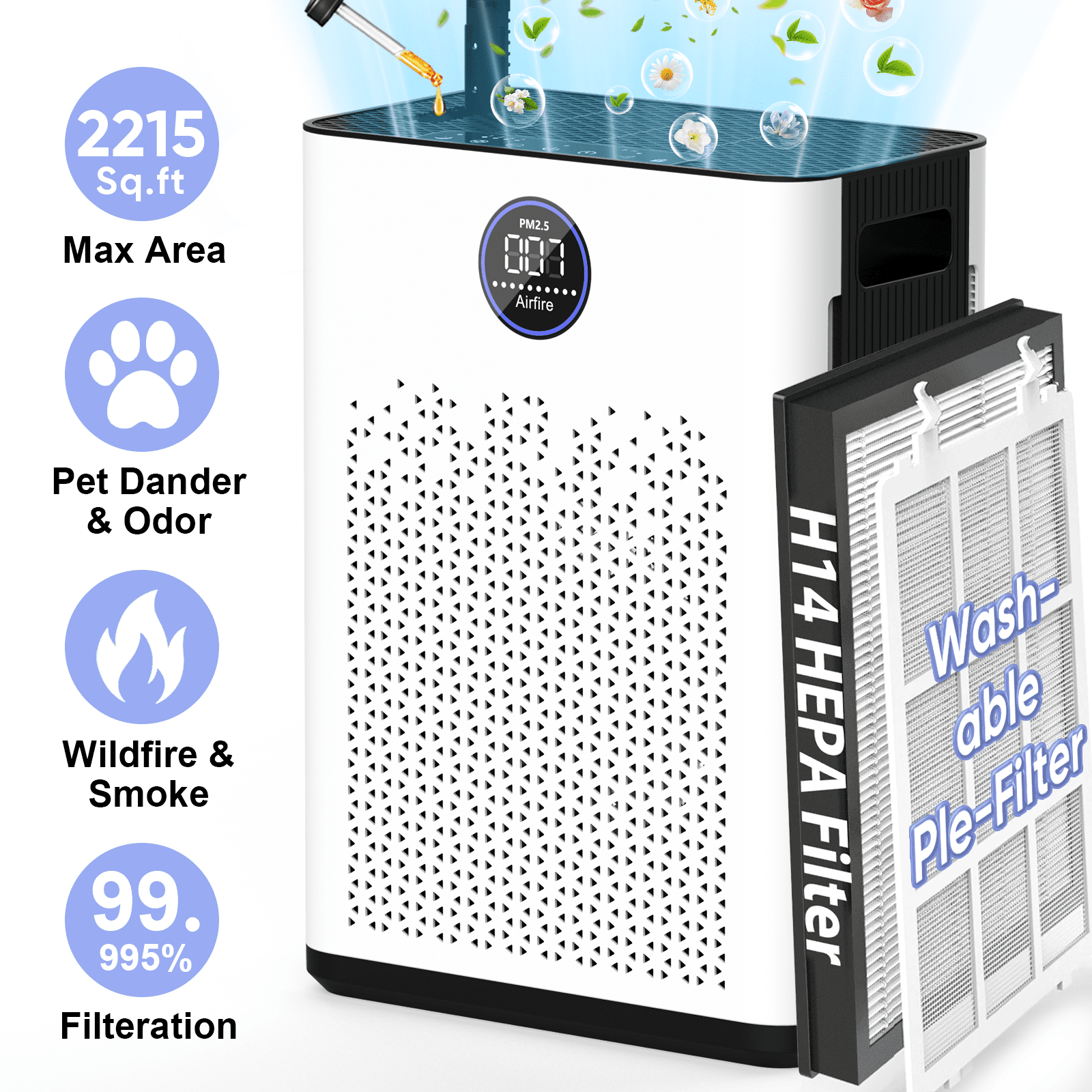 Air Purifiers for Allergies and Asthma up to 2215 Sq.ft, HEPA Air Purifiers with Washable Pre-Filter for Wildfire,Smoke, Pollen, Dust, Pet Fur & Odor, AP307, White+Black, 2026 New