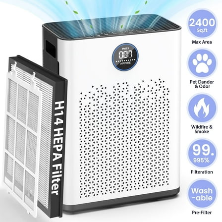Air Purifiers for Allergies and Asthma up to 2400 Sq.ft, HEPA Air Purifiers with Washable Pre-Filter for Wildfire,Smoke, Pollen, Dust, Pet Fur & Odor, AP307, White+Black