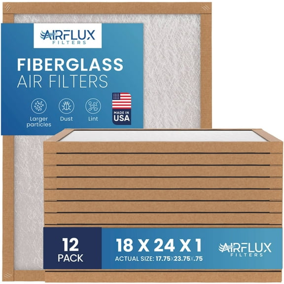 AIRFLUX Fiberglass Air Filter - 18x24x1 Air Filter 12 Pack - Non Pleated 18x24x1 Air Filters, Home Air Conditioner Filters, AC Filter, HVAC Filters, Furnace Filters for Dust - 1 YEAR SUPPLY