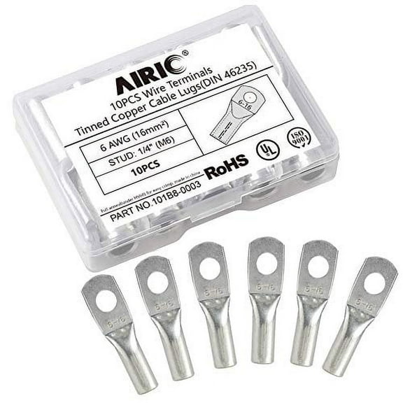 AIRIC 6 Gauge Wire Lugs 10pcs UL Heavy Duty Cable Lugs 6 AWG 1/4" Stud Cable Ends Tinned Copper Tubular Lugs Ring Terminal Connectors DIN 46235