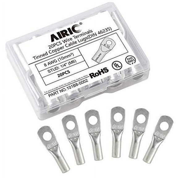AIRIC 8 Gauge Wire Lugs 20pcs UL Heavy Duty Cable Lugs 8 AWG 1/4" Stud (M6) Cable Ends Tinned Copper Tubular Lugs Ring Terminal Connectors DIN 46235