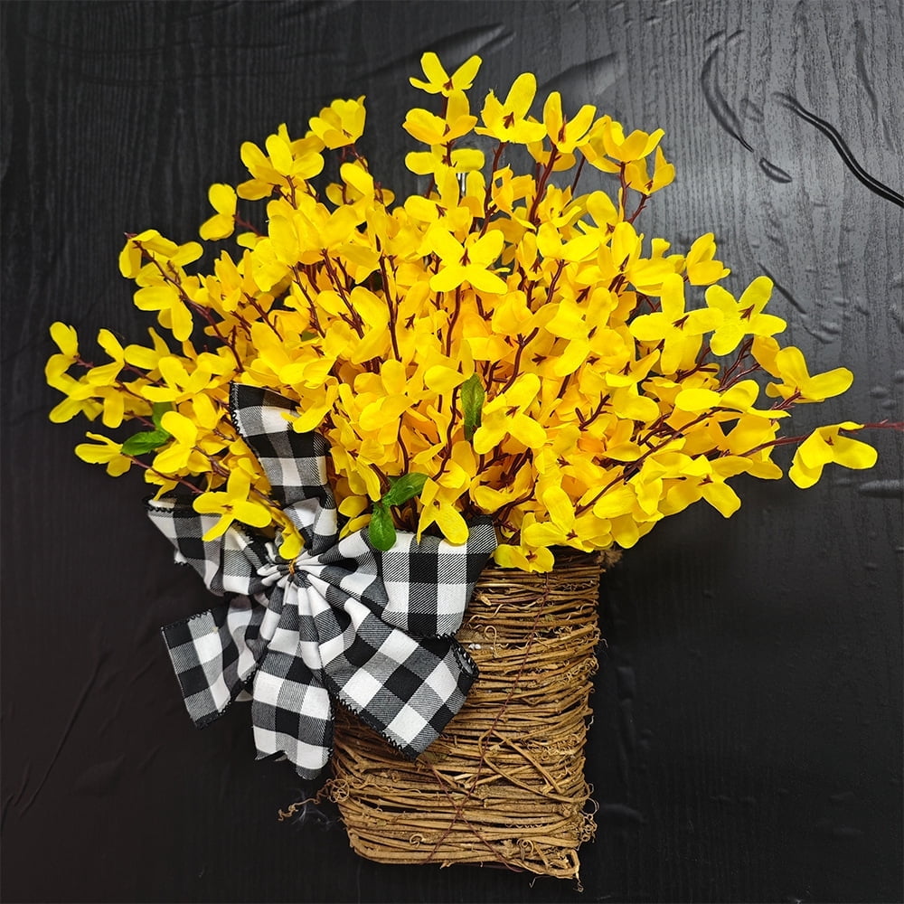 AIRMB Spring Forsythia Floral Door Hanger Basket Wreath，Wildflower Door Hanger Basket Wreath for Spring/Summer